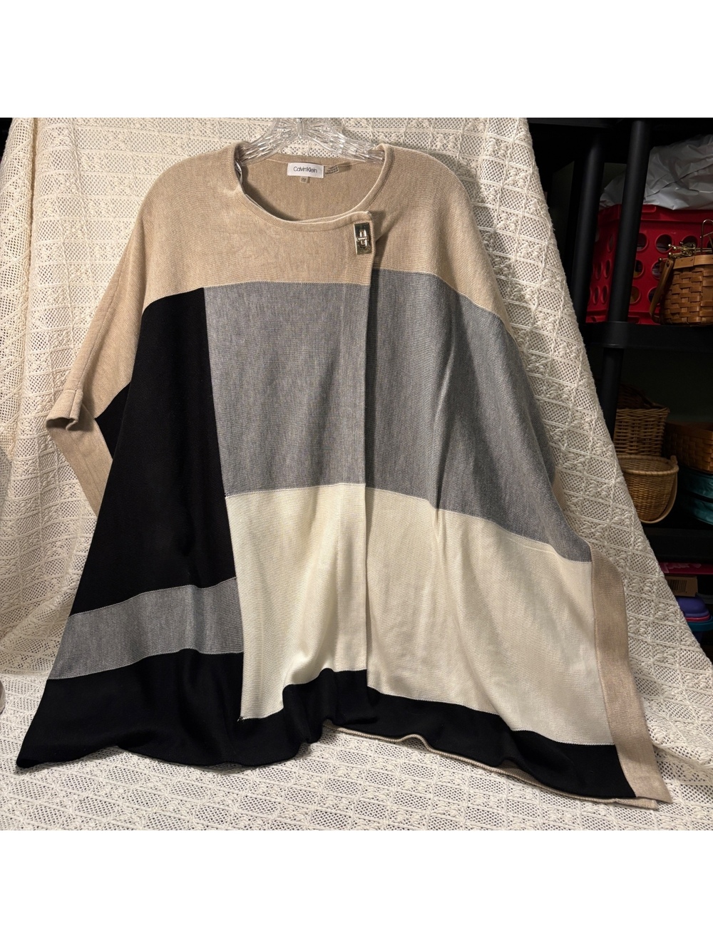 Calvin Klein One Size Black Beige Gray Colorblock Poncho